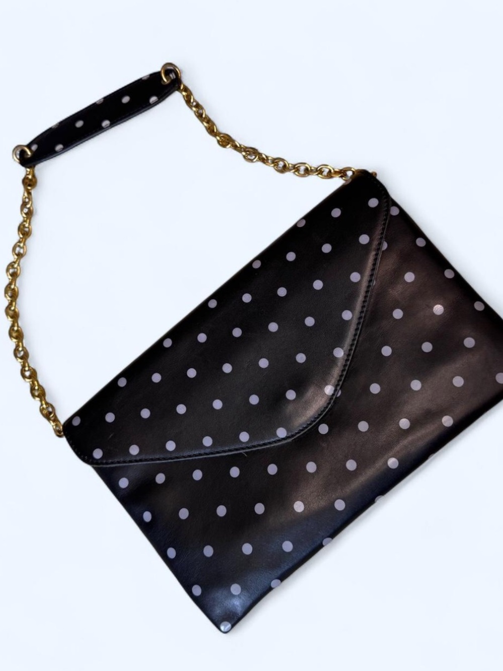 J. Crew Black Polka Dot Goldtone Chain-Handle leather Clutch with pouch